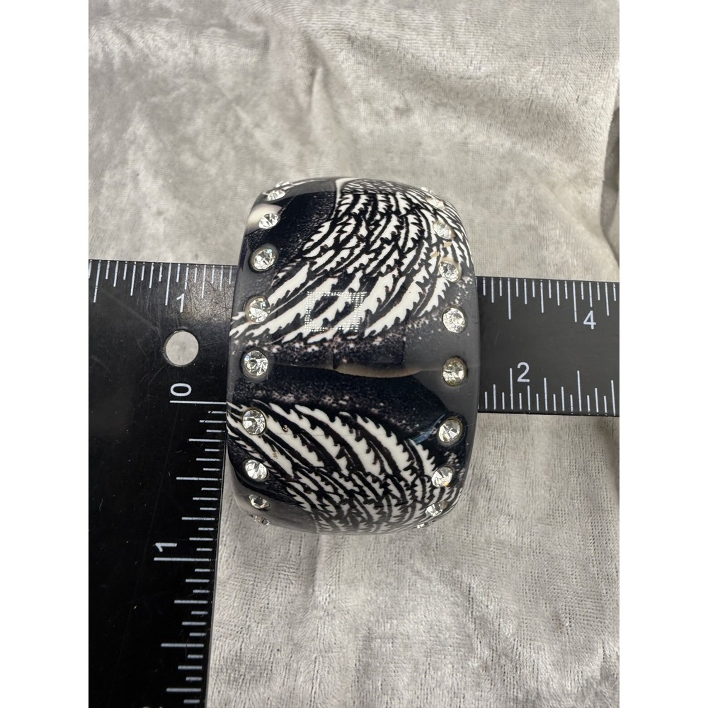 Chunky Bangle Cuff Bracelet Black White Angel Wings Peace Rhinestone 8.5" - Picture 6 of 7